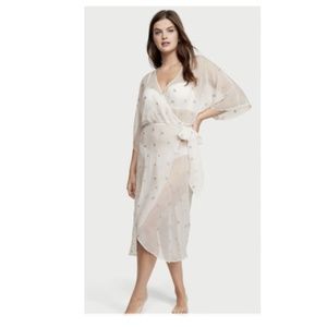 NWT VICTORIA'S SECRET Sheer Long Robe Embroidered Floral Coconut White